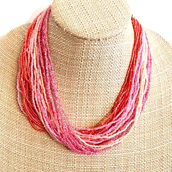 Multistrand beaded choker necklace thick pink tones romantic beachy statement - Picture 1 of 5